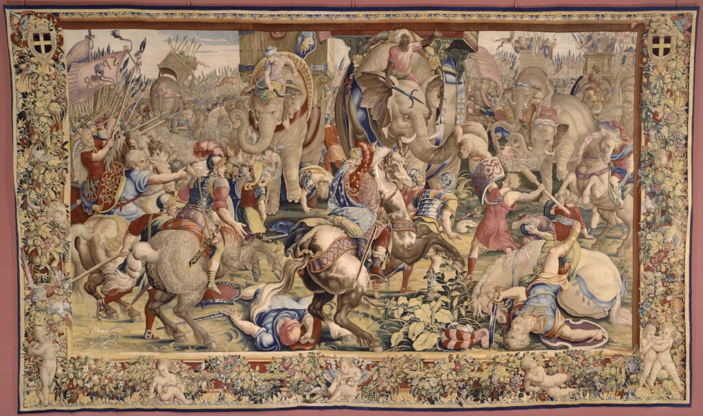Tapestry of the Battle of Zama by Jules Romain, depicting Numidian cavalry and war elephants during the Second Punic War.