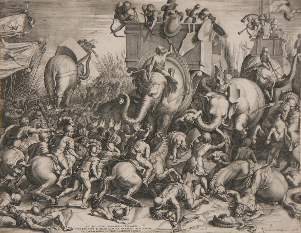 Engraving of the Battle of Zama by Cornelis Cort (1567) - Numidian Cavalry vs Carthaginian Elephants.
