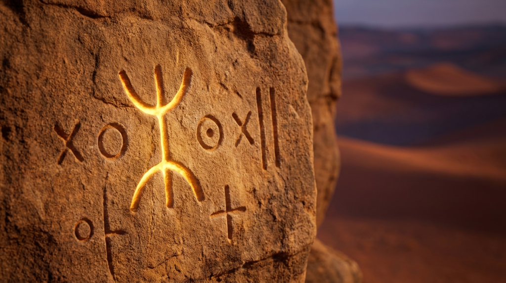 Authentic Tifinagh Yaz symbol carved on ancient rock.