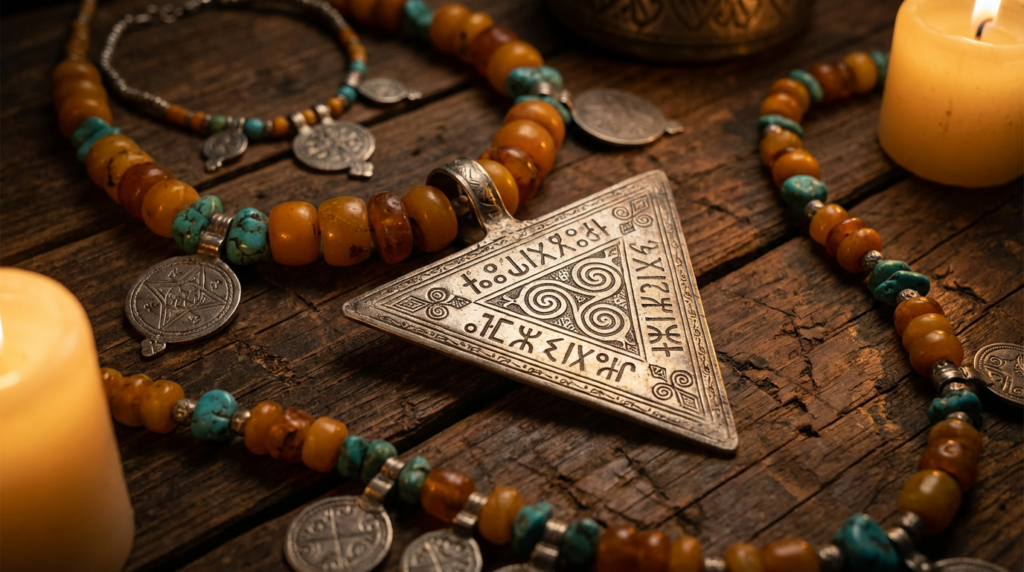 Handcrafted antique Amazigh silver jewelry with Tifinagh engravings and amber stones