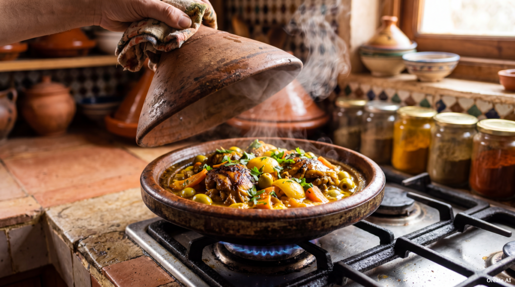 A delicious homemade Moroccan Tagine cooking on a stove