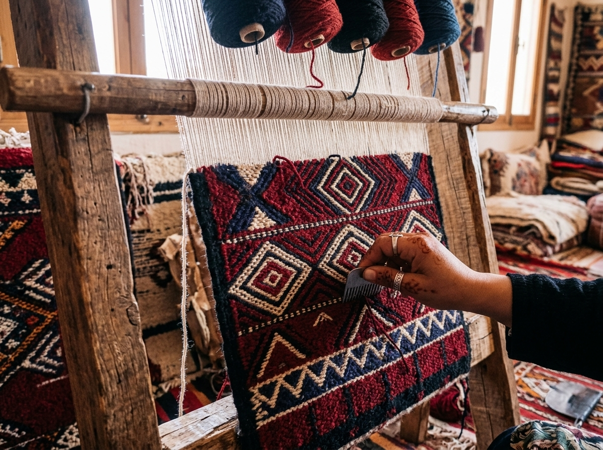 A collection of handmade Moroccan rugs featuring ancient Amazigh Rug Symbols