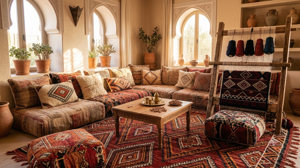 A luxury Moroccan salon styled with ancestral Berber rugs featuring protective Amazigh Rug Symbols
