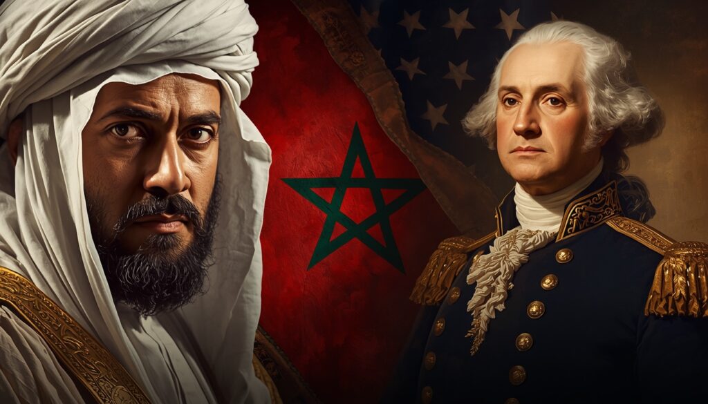 Cinematic oil painting portrait of Sultan Sidi Mohammed III and George Washington representing the historic Morocco US Alliance