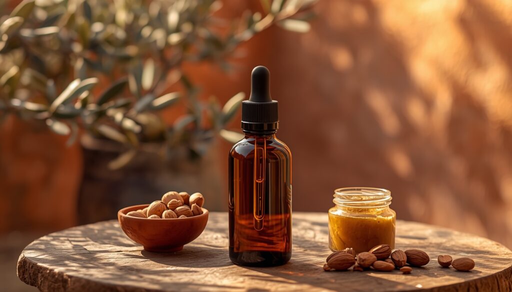 A luxury organic Moroccan Argan oil bottle with raw nuts and Amlou on a sunlit table