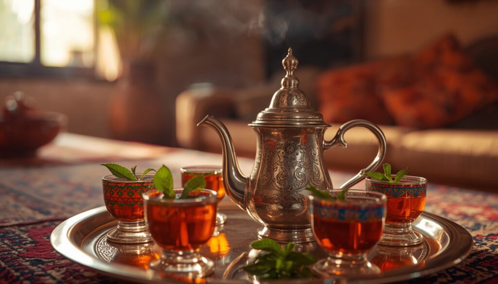 A traditional Moroccan mint tea ceremony with a silver teapot and decorated glasses